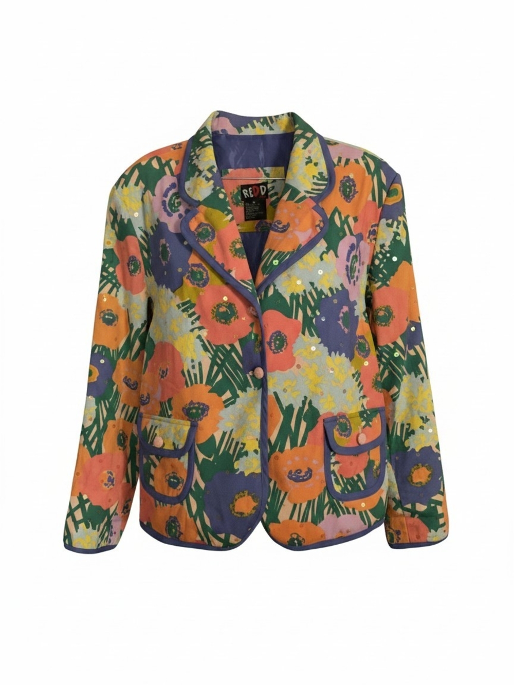 Red Multicolor Floral Blazer with Contrast Piping